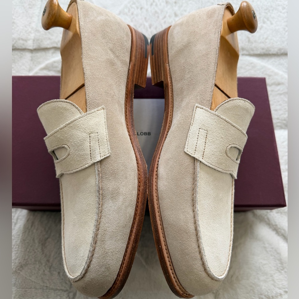 NEW! $1,980 John Lobb “Lopez” Suede Sand Cream Beige Tan Loafers 9W 10D - Picture 3 of 10